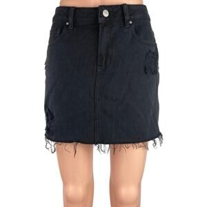 Pacsun Black Denim Distressed Frayed Raw Hem Button Jeans Mini Casual Skirt 26